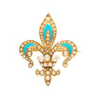 A Yellow Gold, Seed Pearl and Enamel Fleur-de-Lys Brooch, 2.70 dwts.