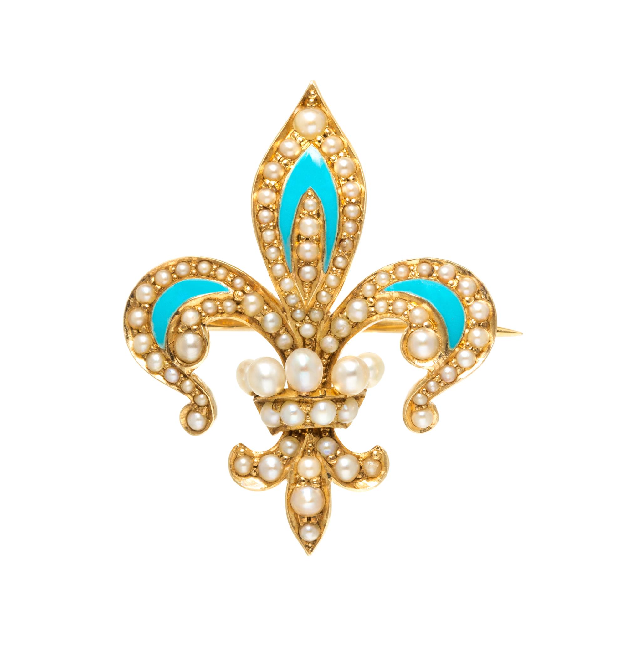 A Yellow Gold, Seed Pearl and Enamel Fleur-de-Lys Brooch, 2.70 dwts.