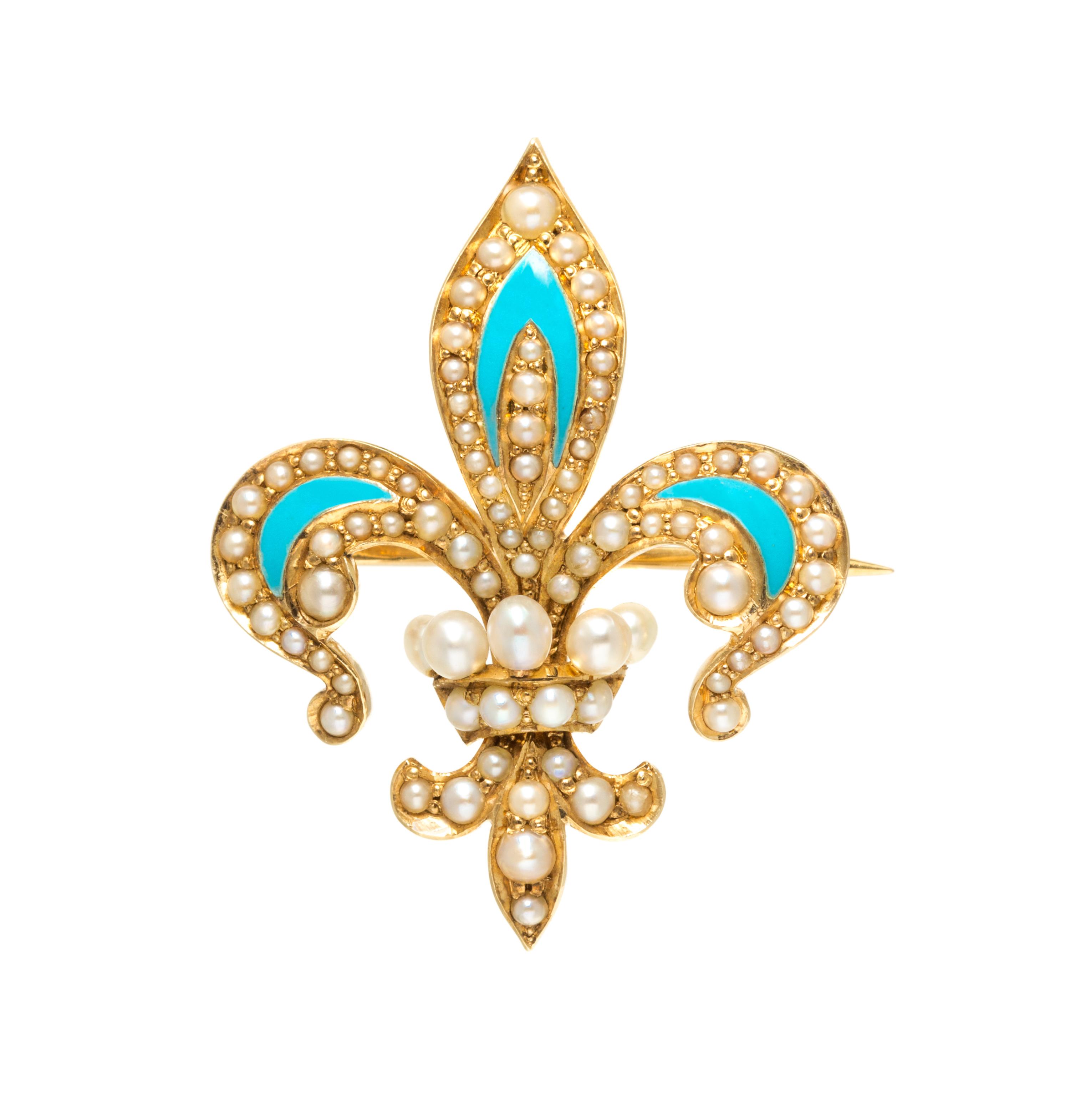 A Yellow Gold, Seed Pearl and Enamel Fleur-de-Lys Brooch, 2.70 dwts.