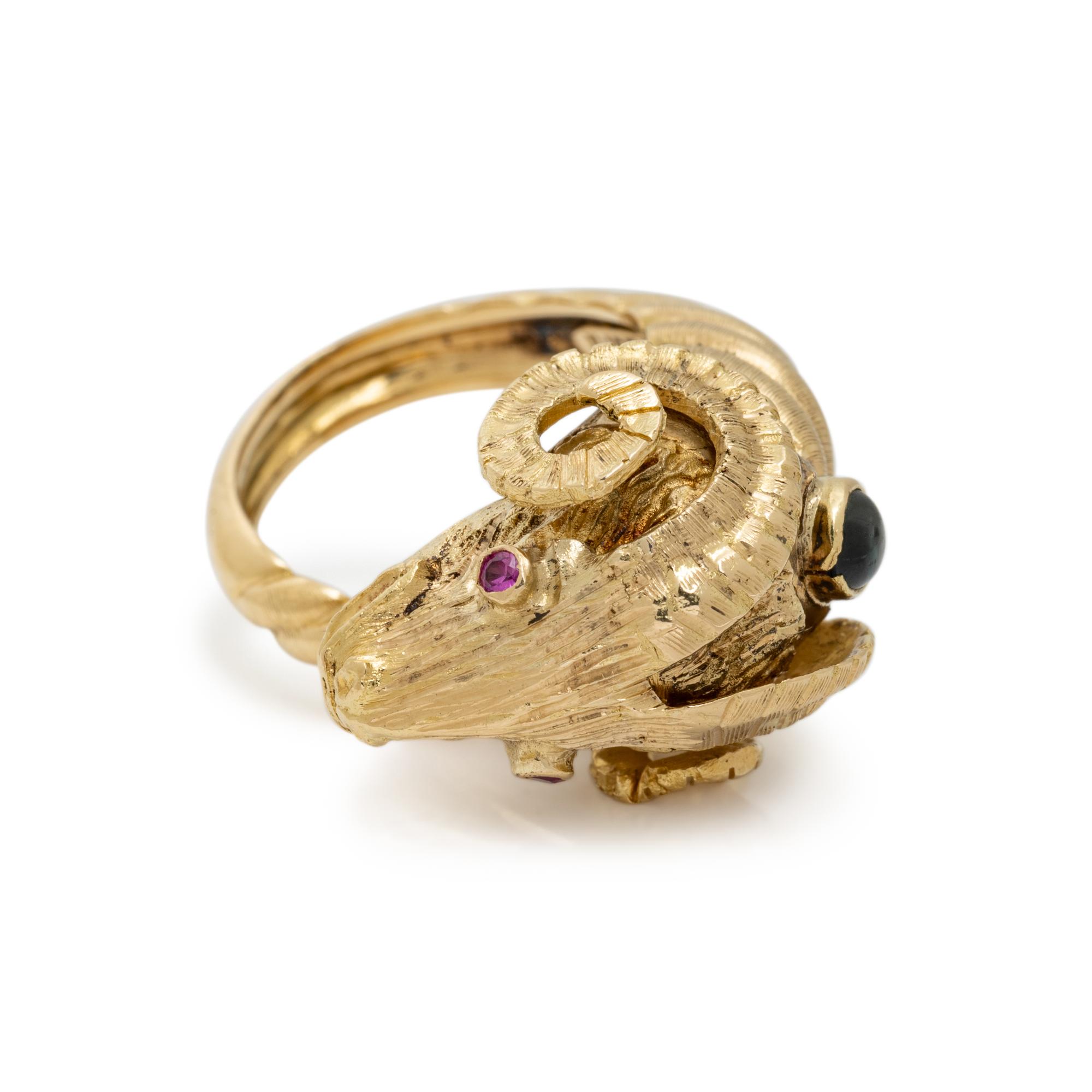 LALAOUNIS, YELLOW GOLD AND GEMSTONE RAM'S HEAD RING