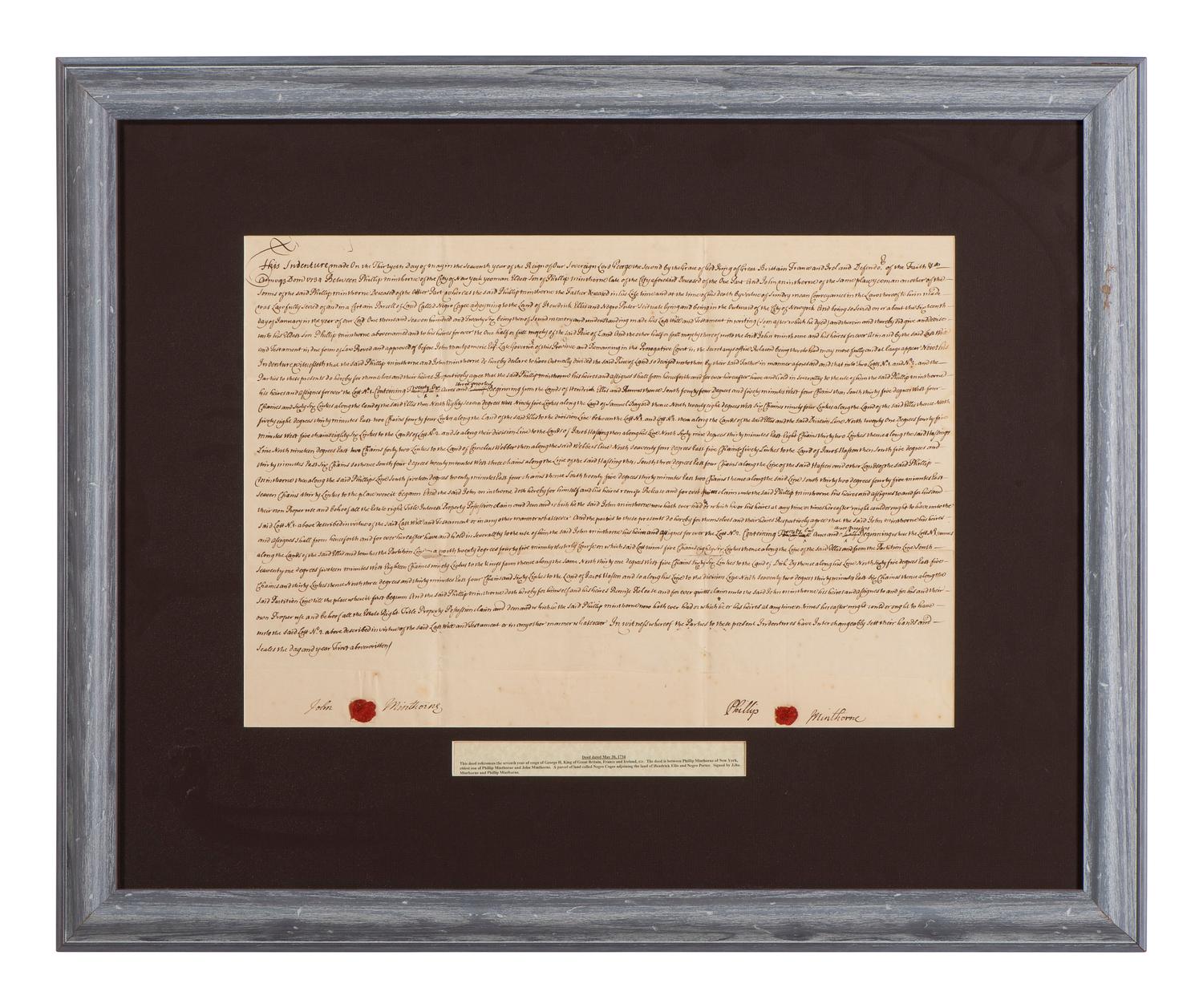 [NEW YORK]. Colonial-era manuscript indentures for property near Wall Street, 1694-1743.