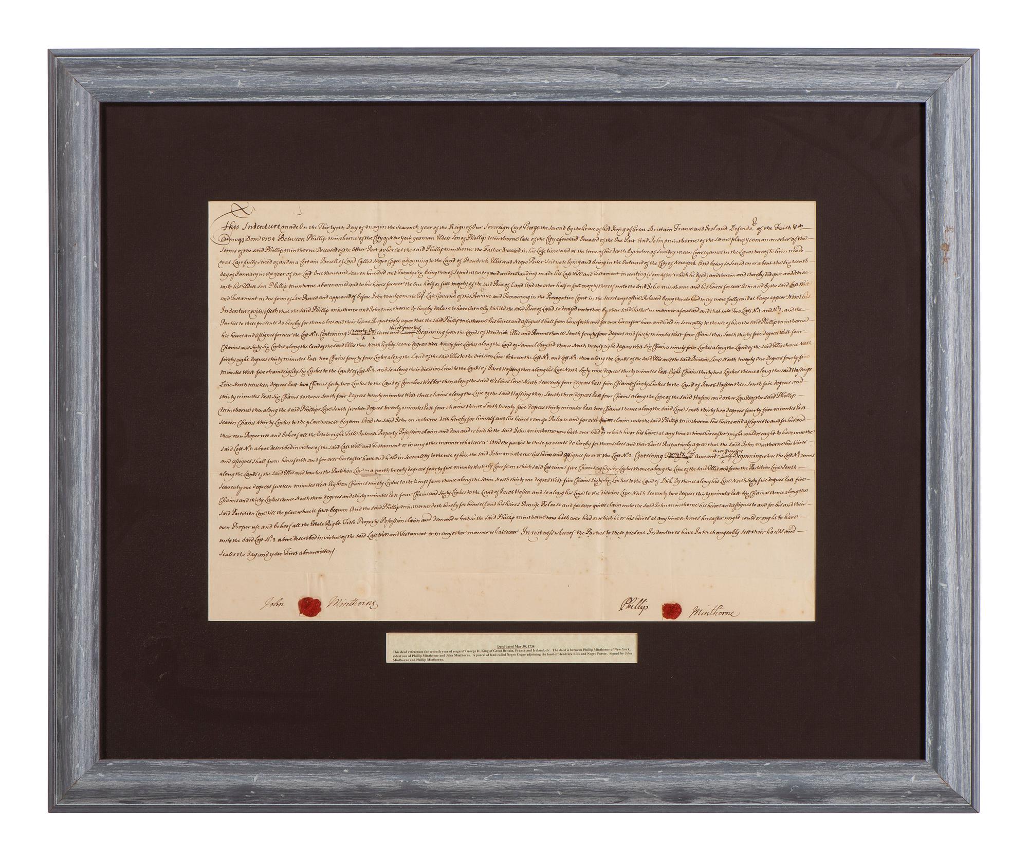 [NEW YORK]. Colonial-era manuscript indentures for property near Wall Street, 1694-1743.