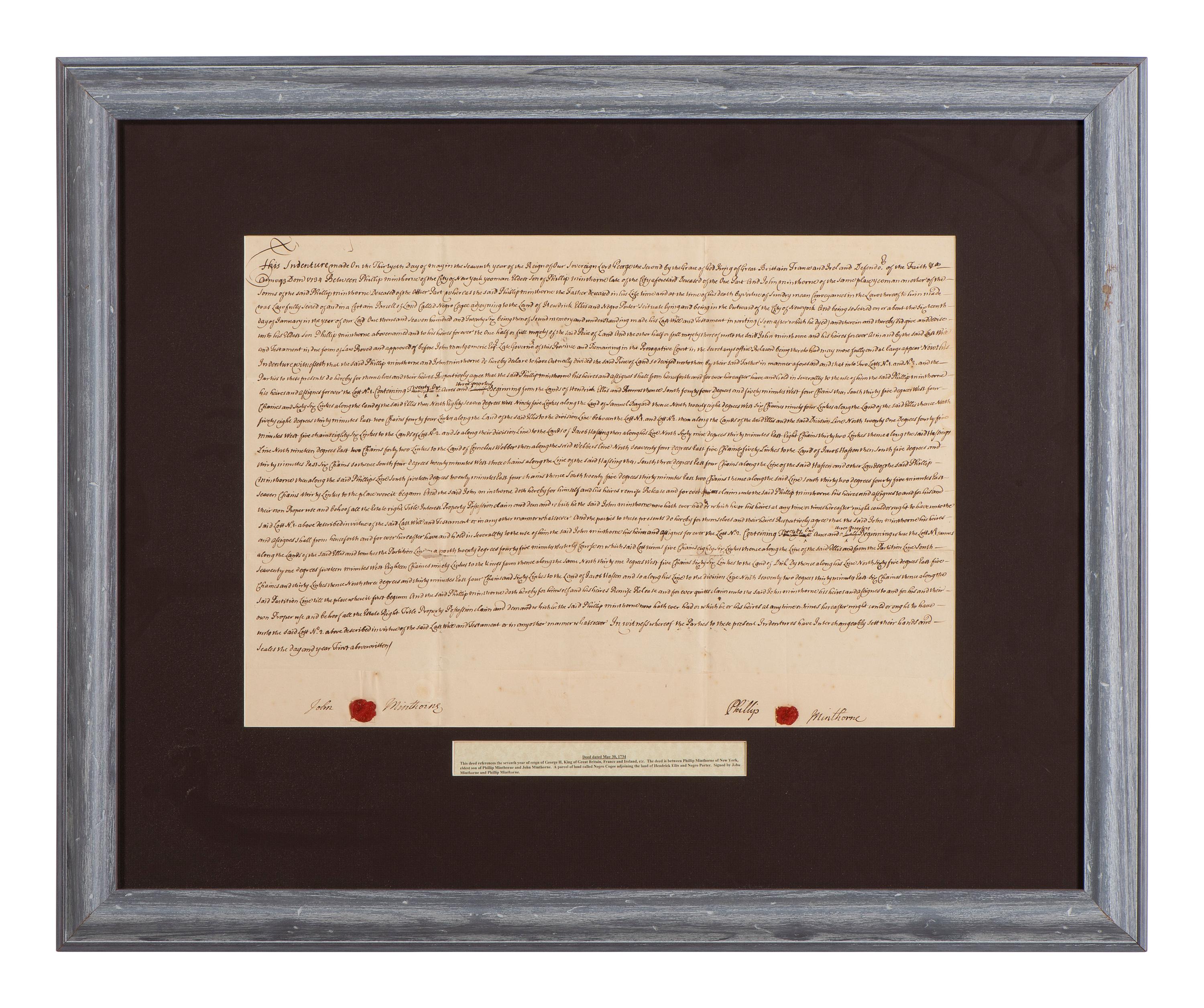 [NEW YORK]. Colonial-era manuscript indentures for property near Wall Street, 1694-1743.