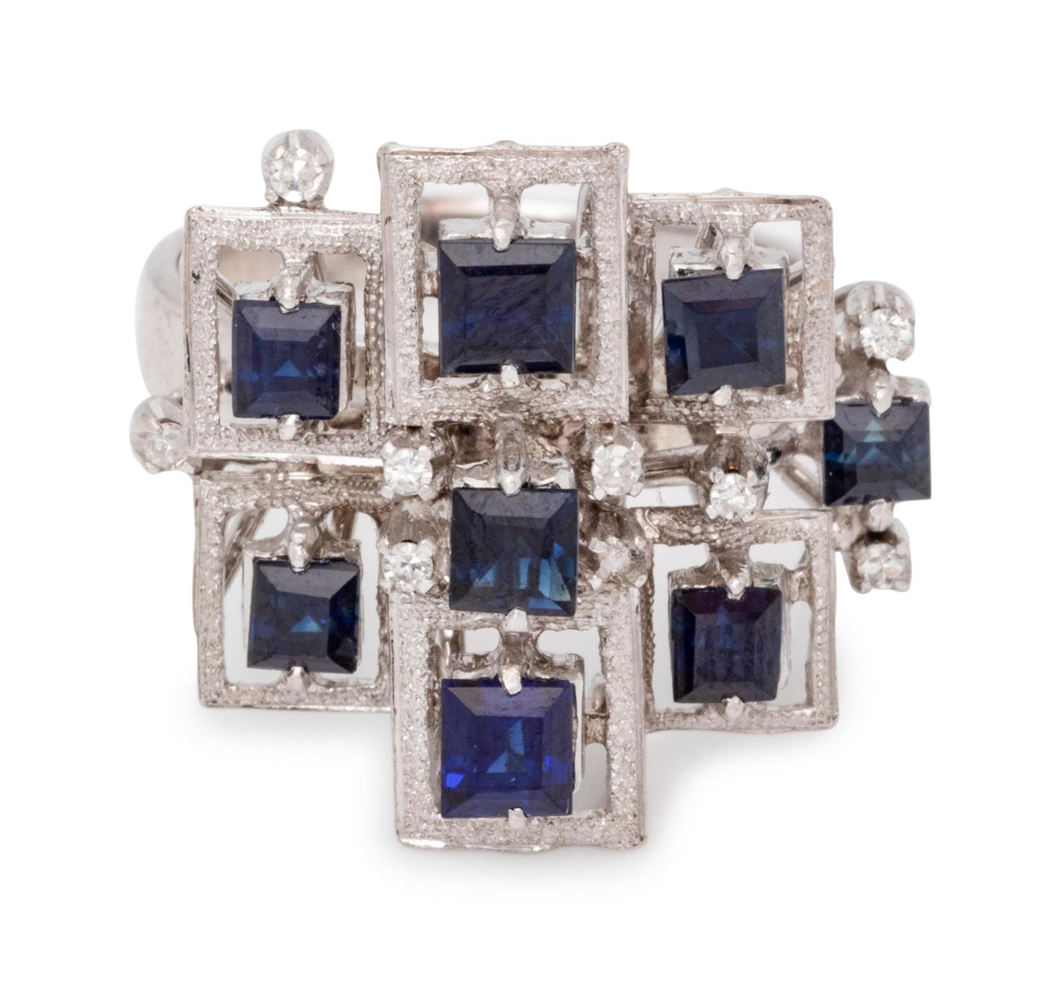 A Platinum, Synthetic Sapphire and Diamond Ring,