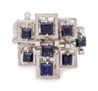 A Platinum, Synthetic Sapphire and Diamond Ring,