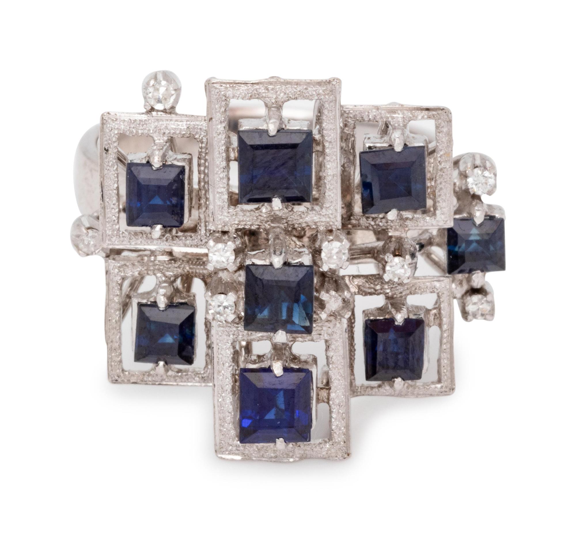 A Platinum, Synthetic Sapphire and Diamond Ring,