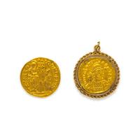 Two Byzantine and Venetian Gold Coins — One set in a gold pendant
