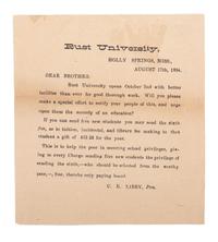[EDUCATION]. Rust University. Holly Springs, Mississippi: 17 August 1894. Broadside emphasizing the necessity of an education, signed in type by C.E. Libby, President.