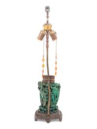 A Chinese Carved Malachite Vase and Cover Mounted as a Lamp