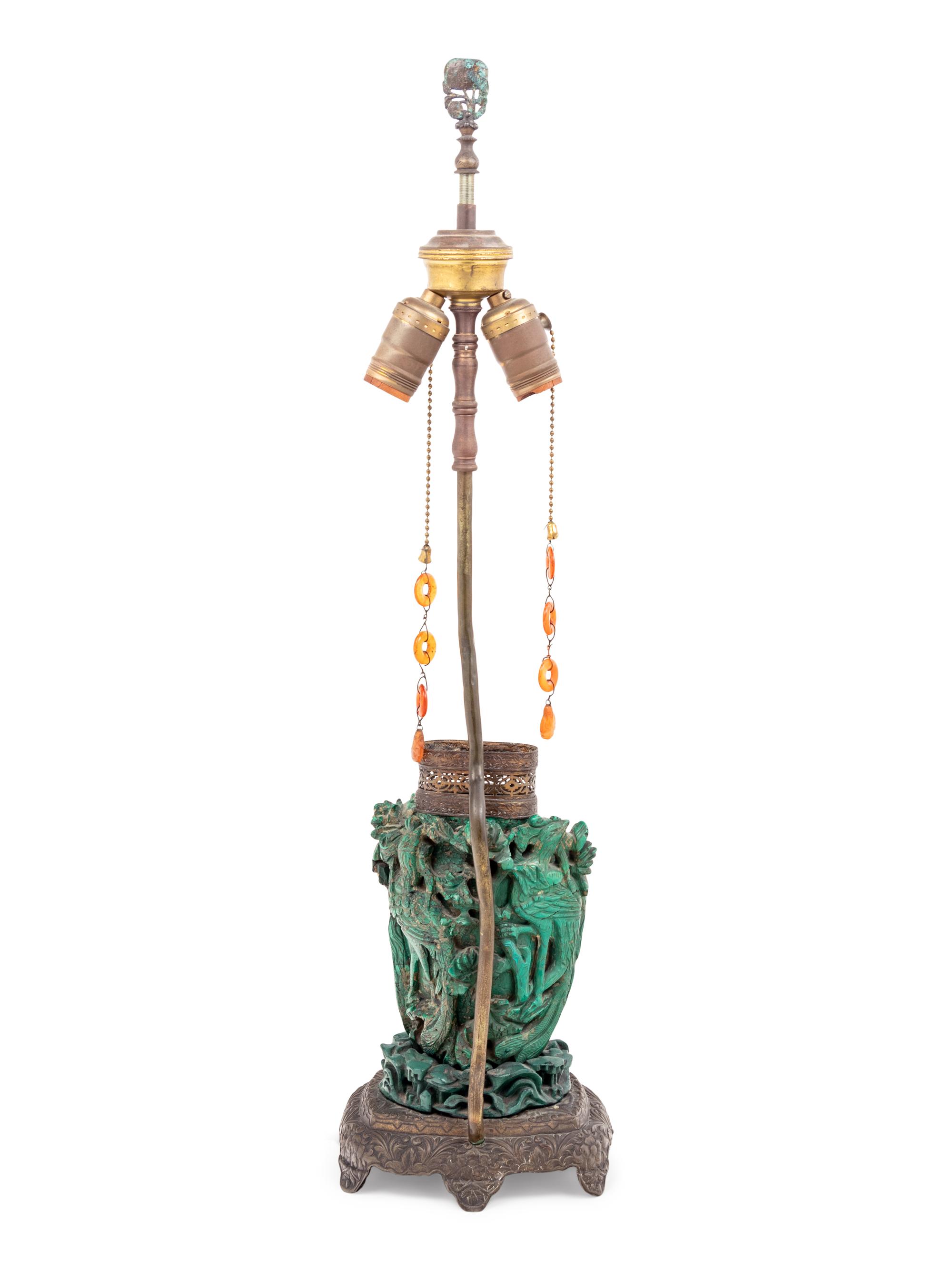 A Chinese Carved Malachite Vase and Cover Mounted as a Lamp