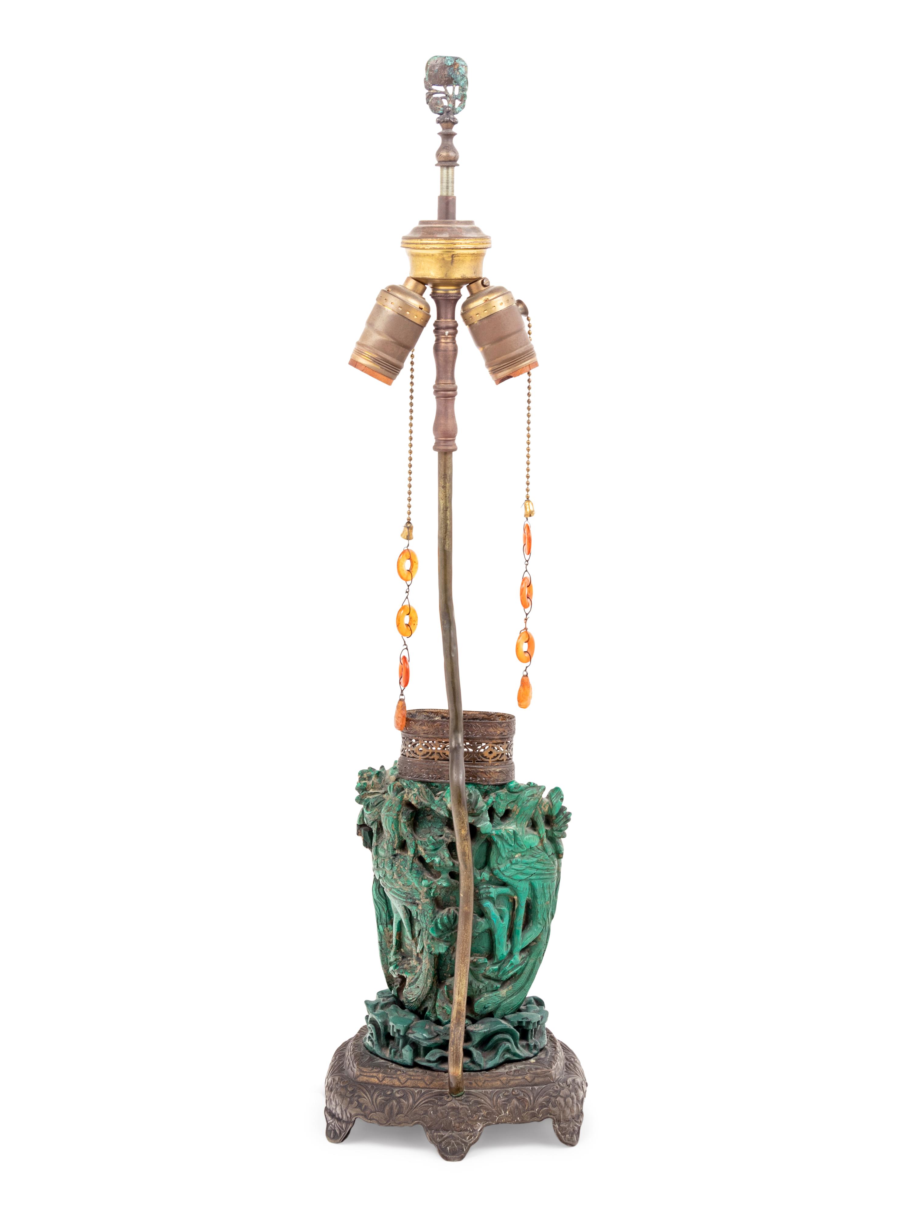 A Chinese Carved Malachite Vase and Cover Mounted as a Lamp