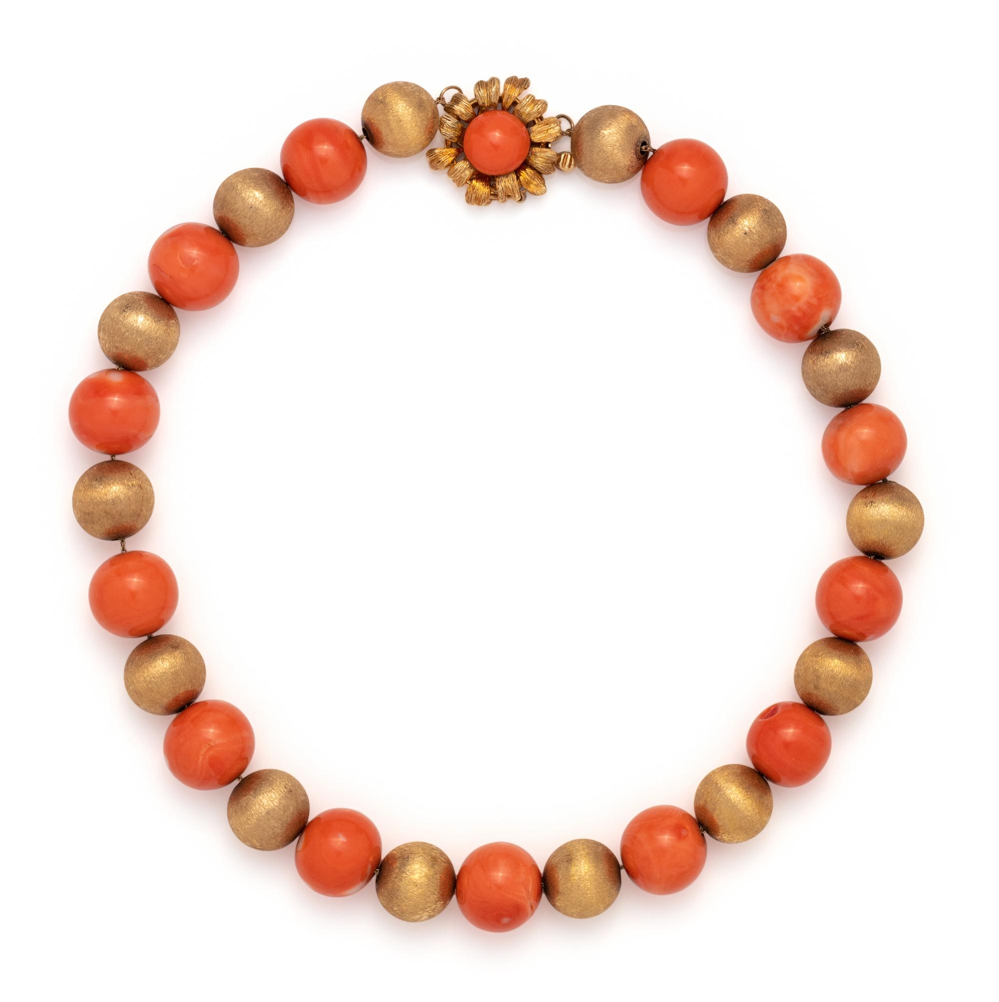 YELLOW GOLD AND CORAL BEAD NECKLACE