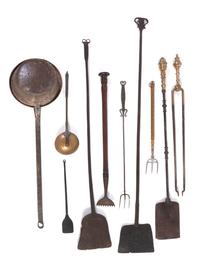 A Group of Wrought-Iron and Brass Hearth Tools