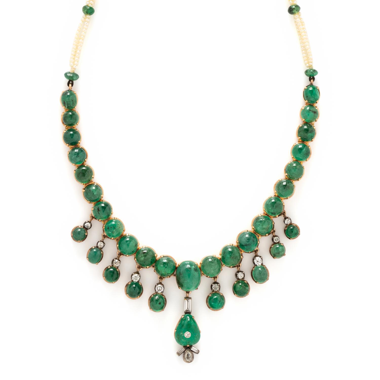 EMERALD, DIAMOND AND SEED PEARL NECKLACE