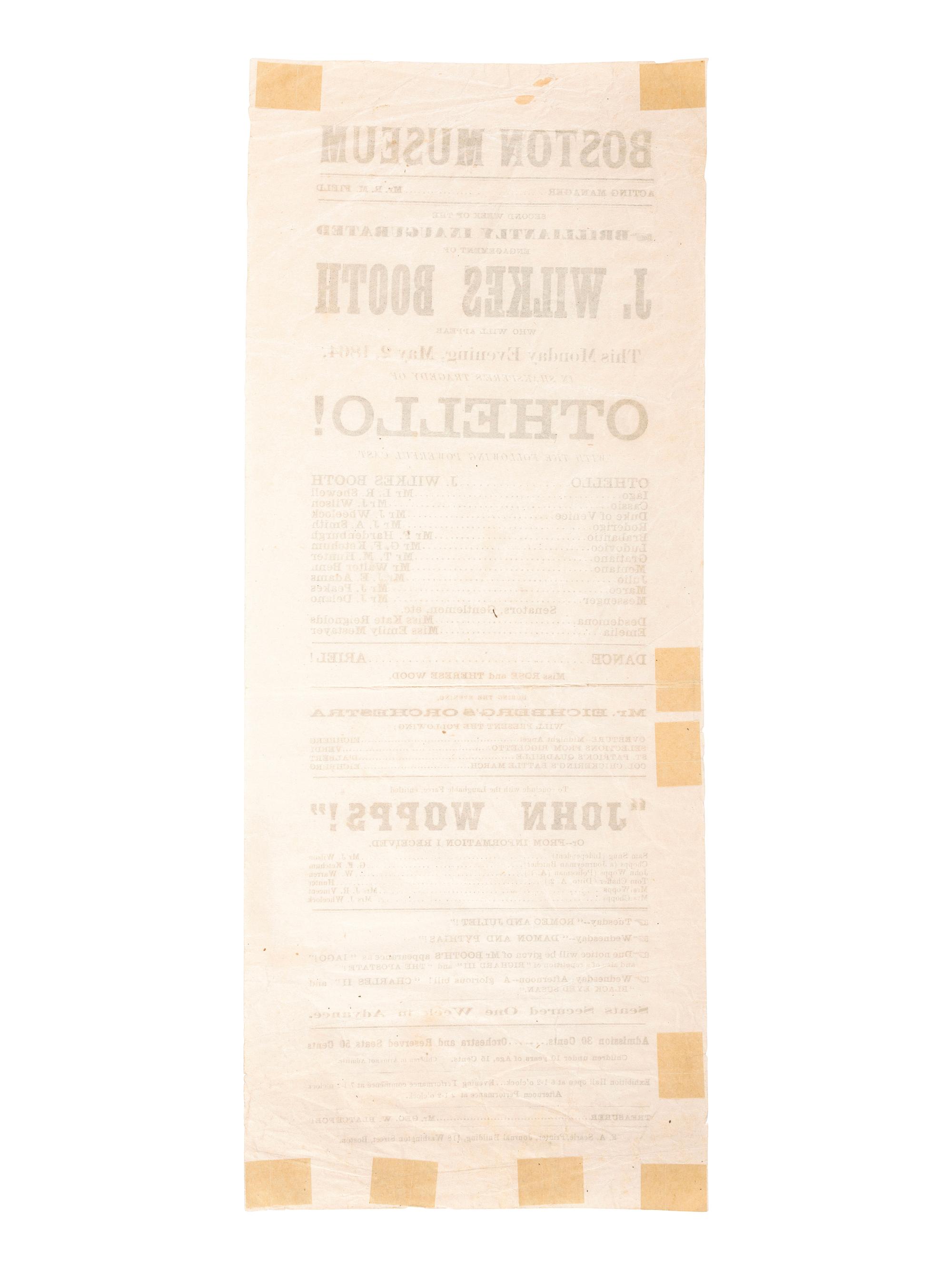 [BOOTH, John Wilkes (1838-1865)]. Boston Museum...J. Wilkes Booth Who Will Appear...in Shakspere's Tragedy of Othello! Boston: F.A. Searle, 1864.