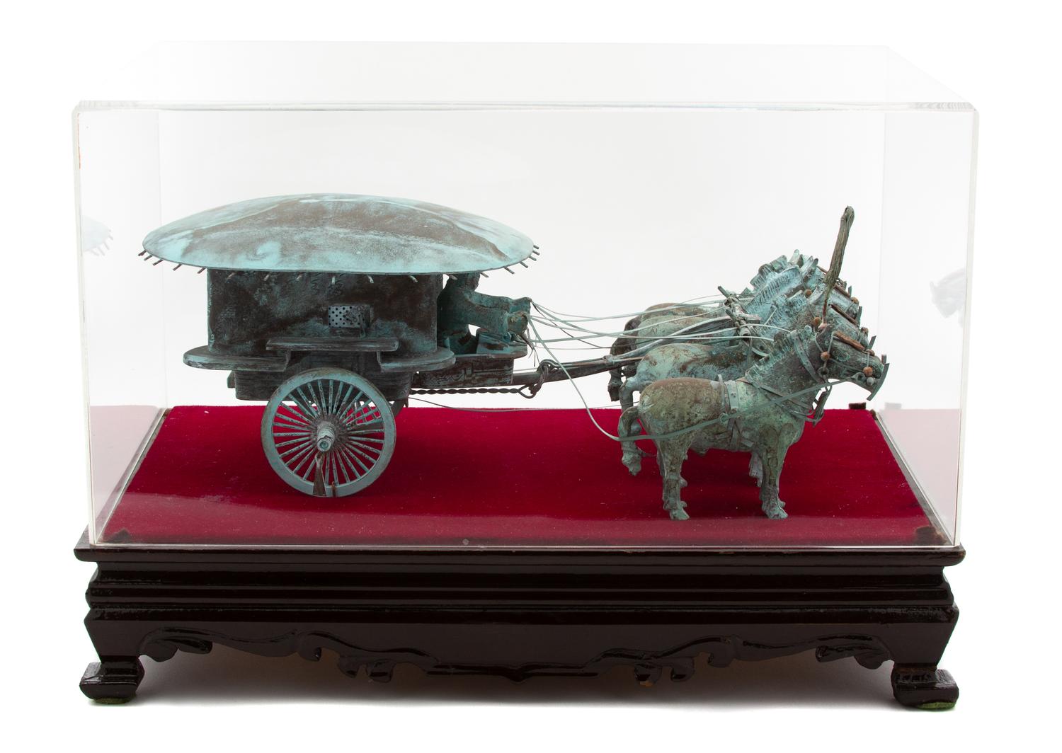 A Chinese Bronze Horse Drawn Covered Wagon Case, height 10 x width 14 1/2 x depth 9 inches — 20TH CENTURY