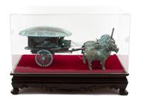 A Chinese Bronze Horse Drawn Covered Wagon Case, height 10 x width 14 1/2 x depth 9 inches — 20TH CENTURY