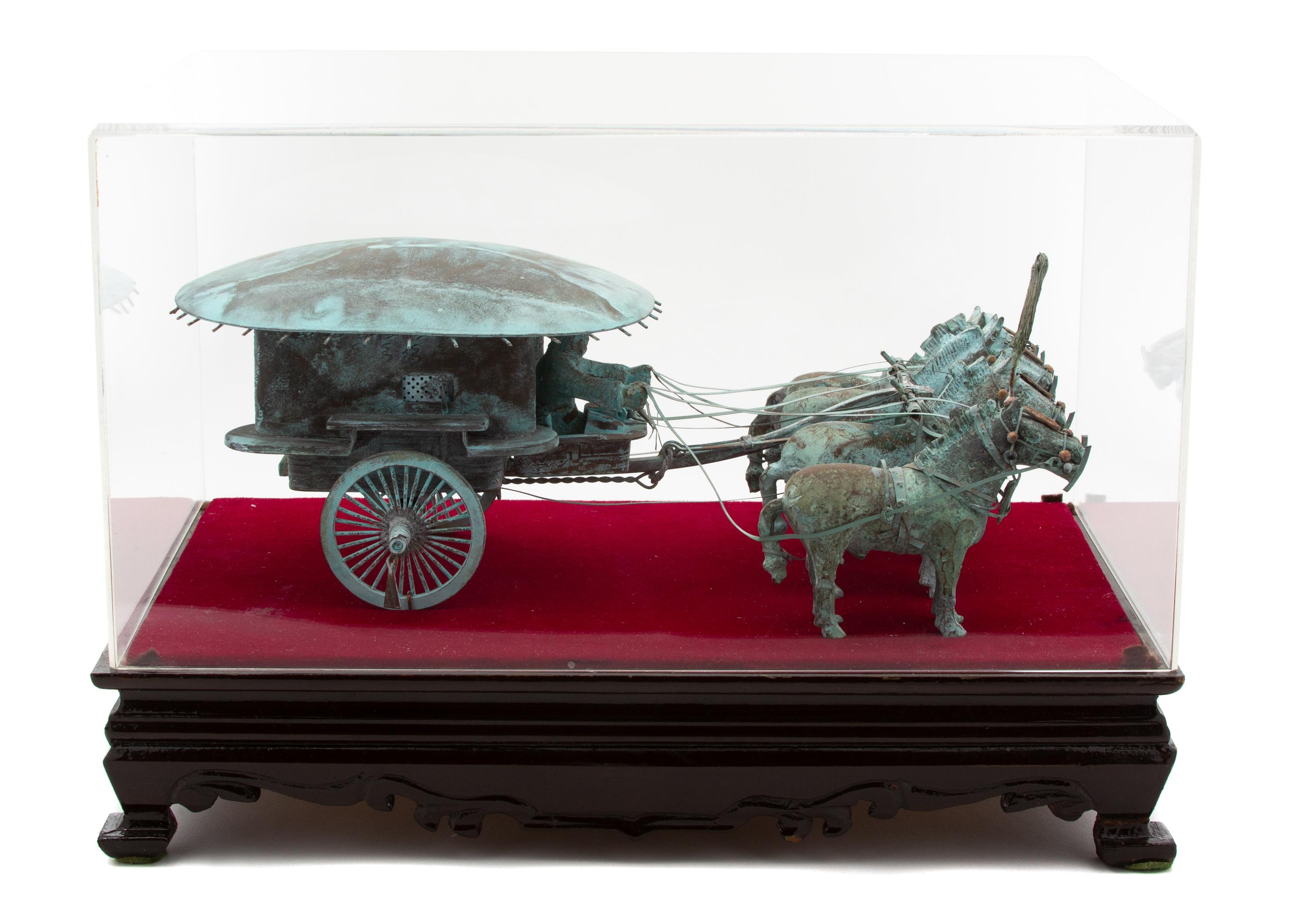 A Chinese Bronze Horse Drawn Covered Wagon Case, height 10 x width 14 1/2 x depth 9 inches — 20TH CENTURY