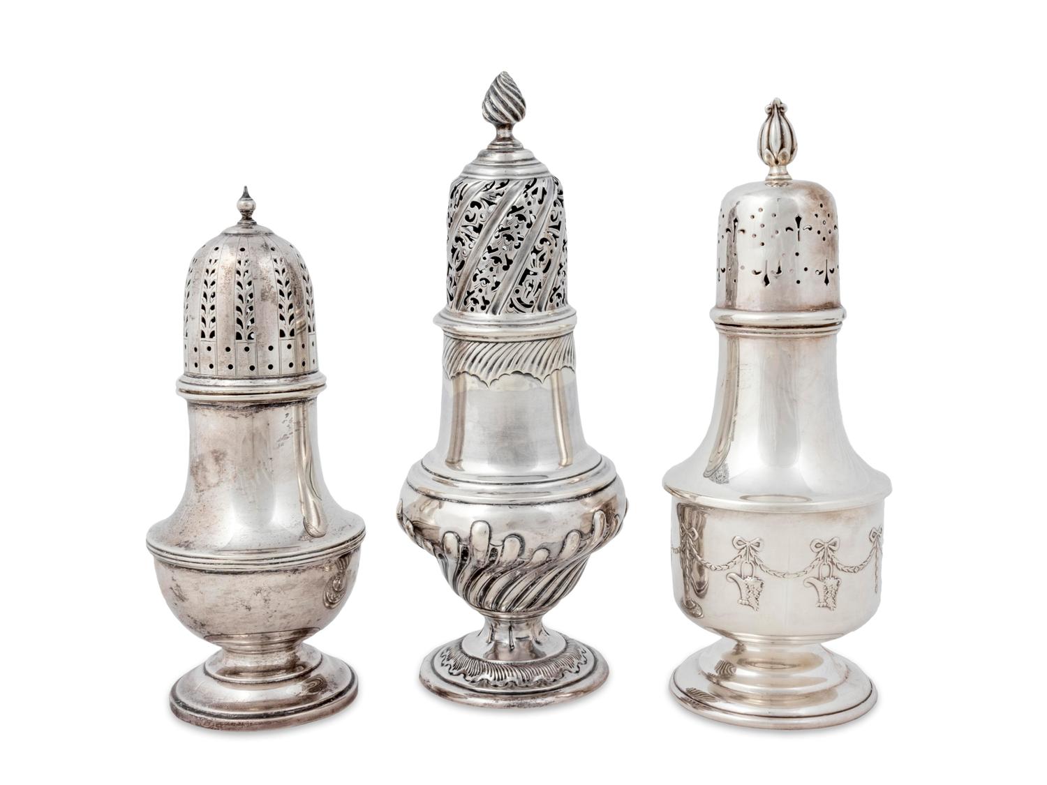 Three English Silver Casters — 18th/19th Century