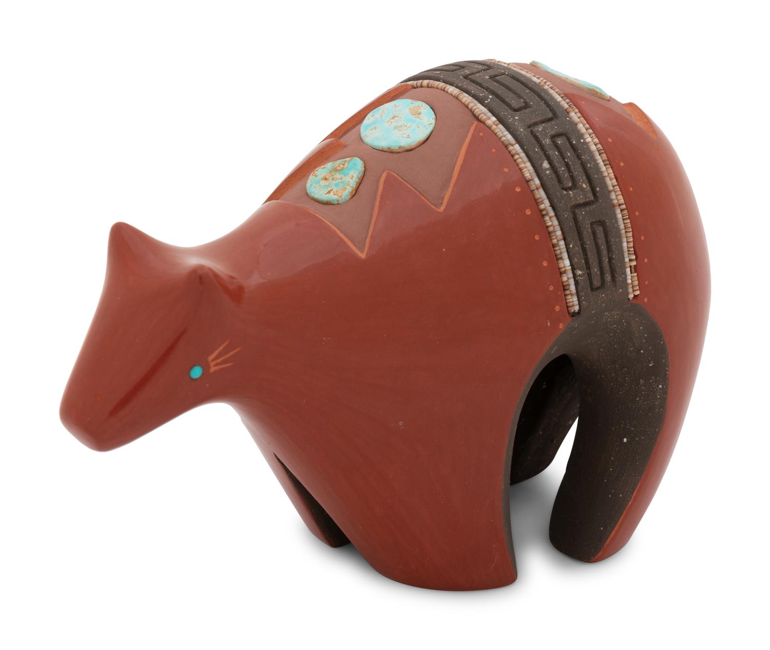 Redware Pottery Bear, with Turquoise and Heishi