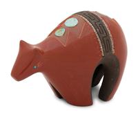 Redware Pottery Bear, with Turquoise and Heishi