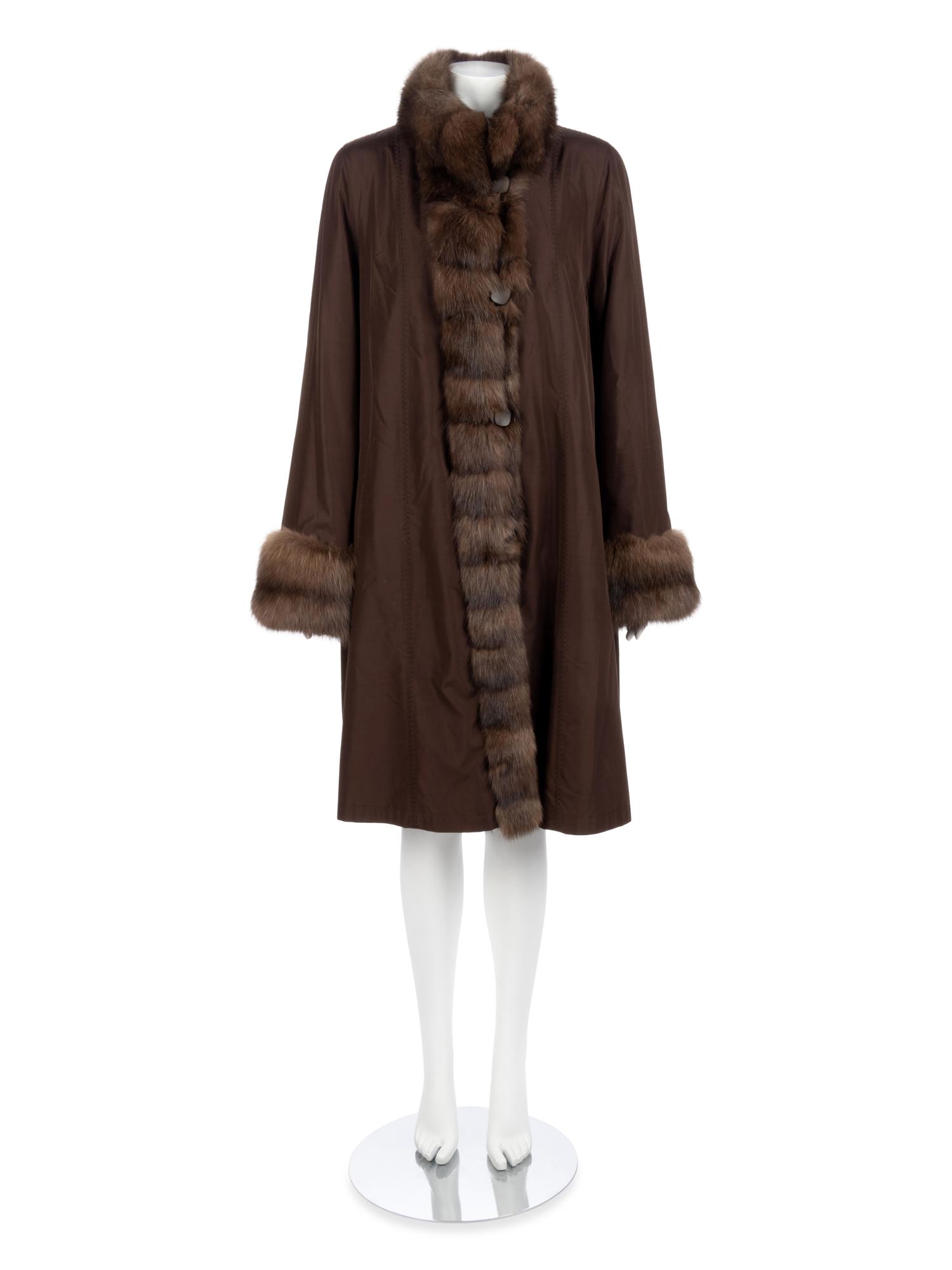 Dennis Basso Brown Reversible Silk with Weasel and Sable Coat, 2000-10s