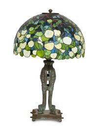 An American Leaded Glass and Cast Metal Table Lamp