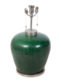 A Modern Dark Green Glazed Ceramic Oversize Table Lamp — 20TH CENTURY