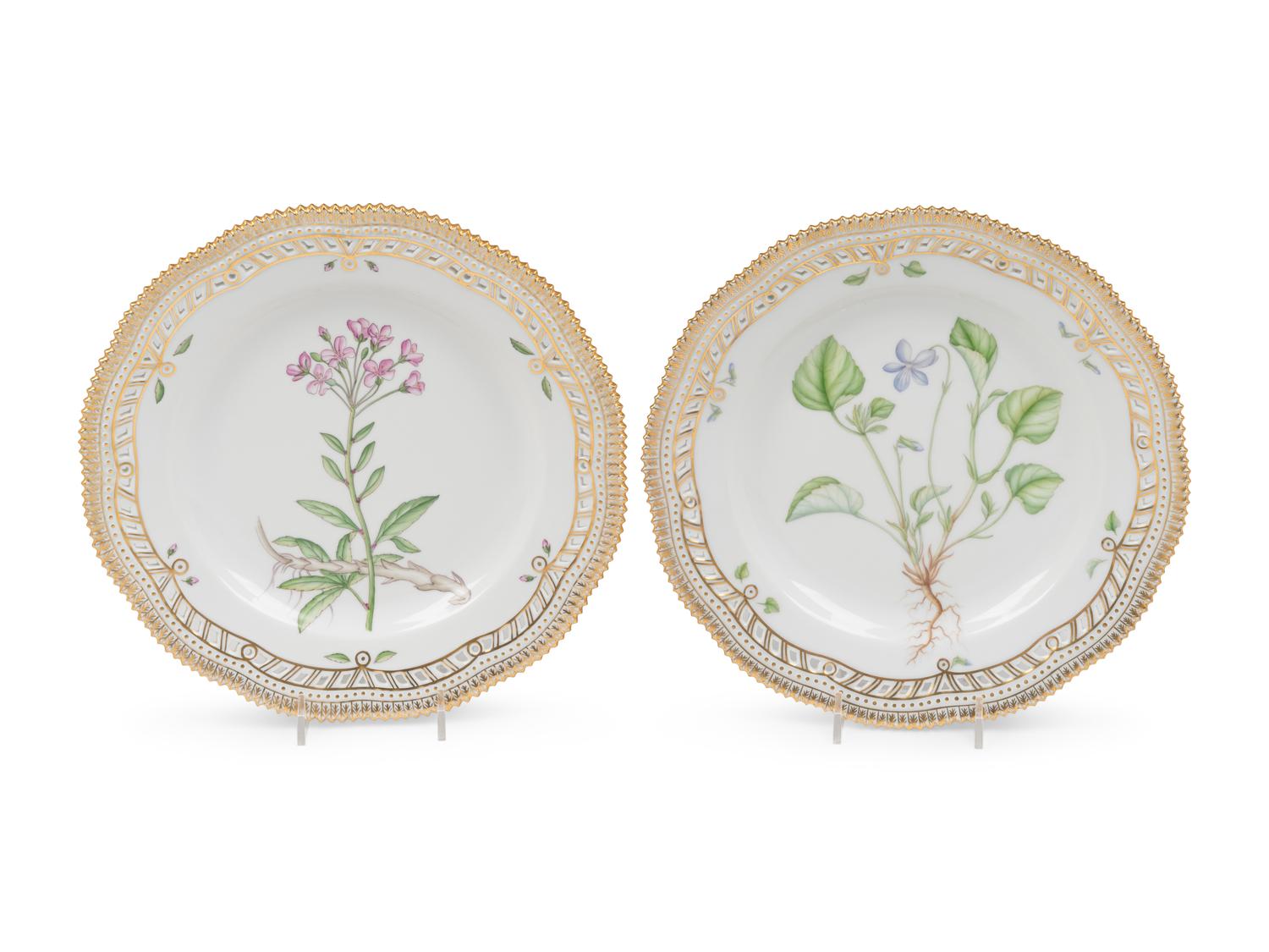 Two Royal Copenhagen Flora Danica Reticulated Dinner Plates