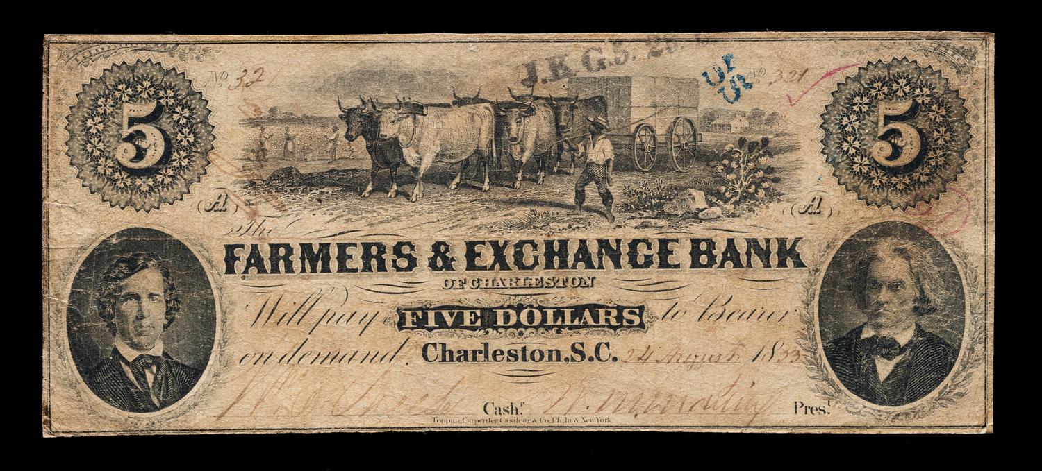 Obsolete $5 Bank Note: Farmers & Exchange Bank of Charleston — CHARLESTON, SOUTH CAROLINA, 1853