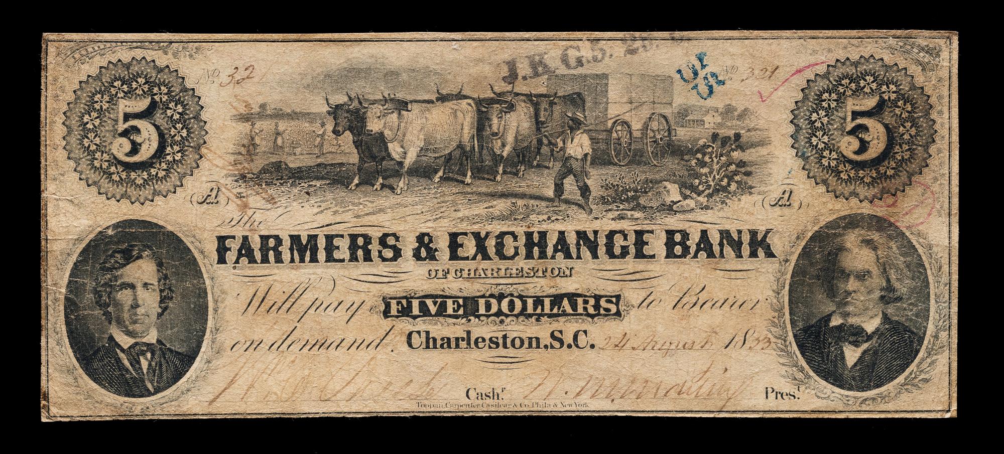 Obsolete $5 Bank Note: Farmers & Exchange Bank of Charleston — CHARLESTON, SOUTH CAROLINA, 1853