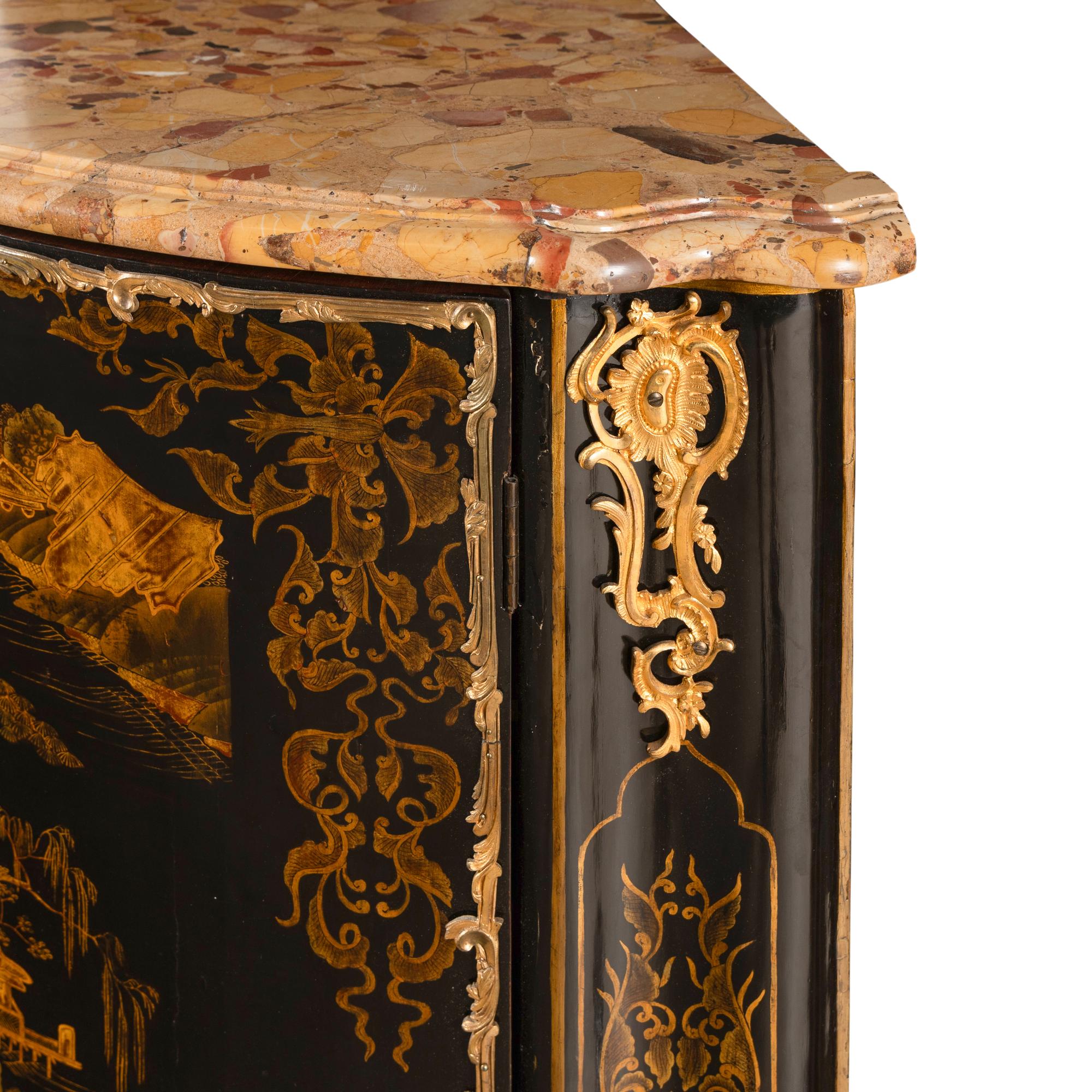 A Pair of Louis XV Chinese and European Lacquer and Gilt Bronze Mounted Encoignures