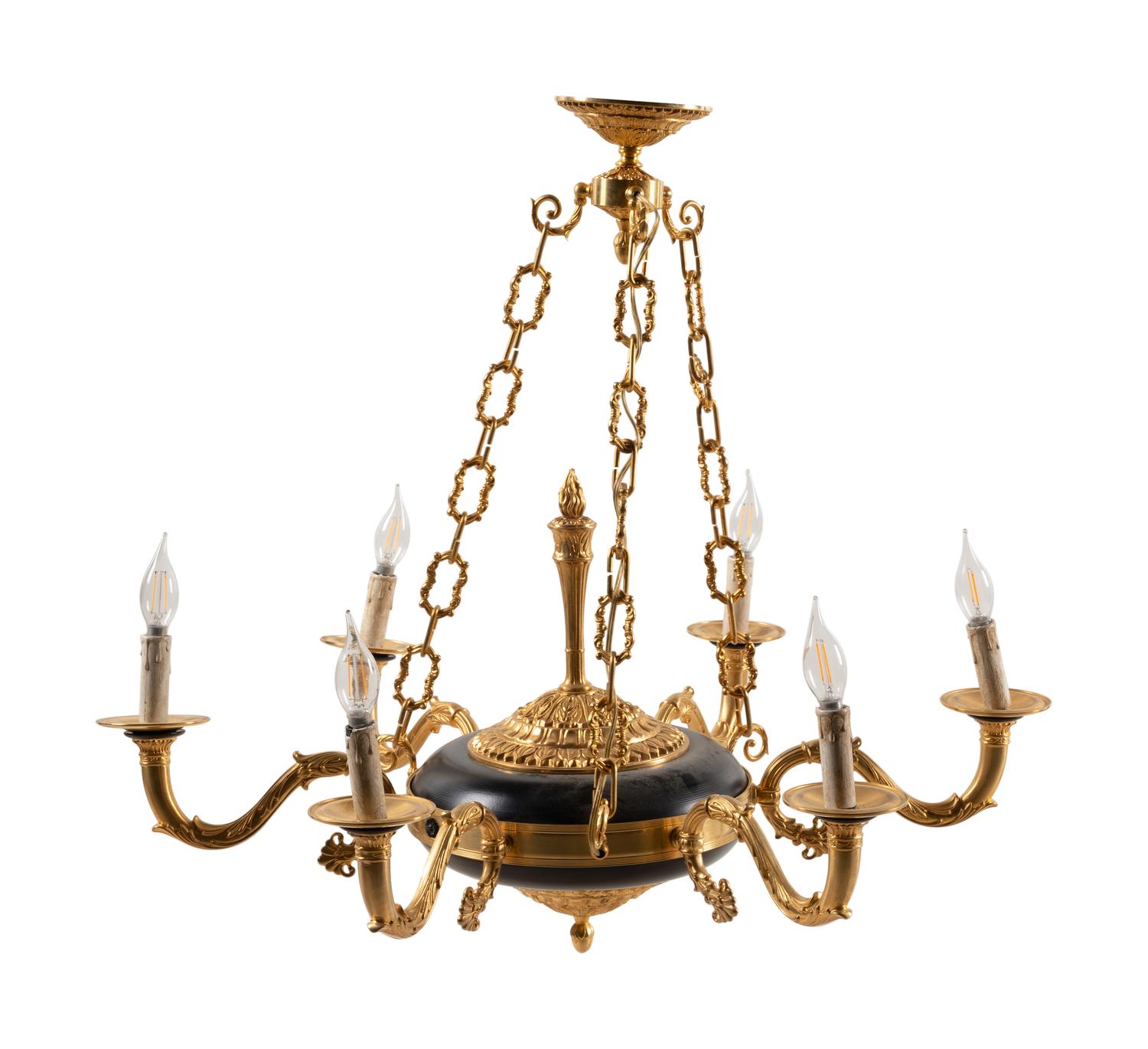 An Empire Style Gilt Bronze Six-Light Chandelier