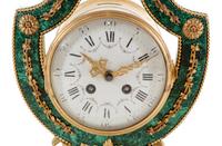 A Louis XIV Style Gilt Metal Mounted Malachite Veneered Harp Clock