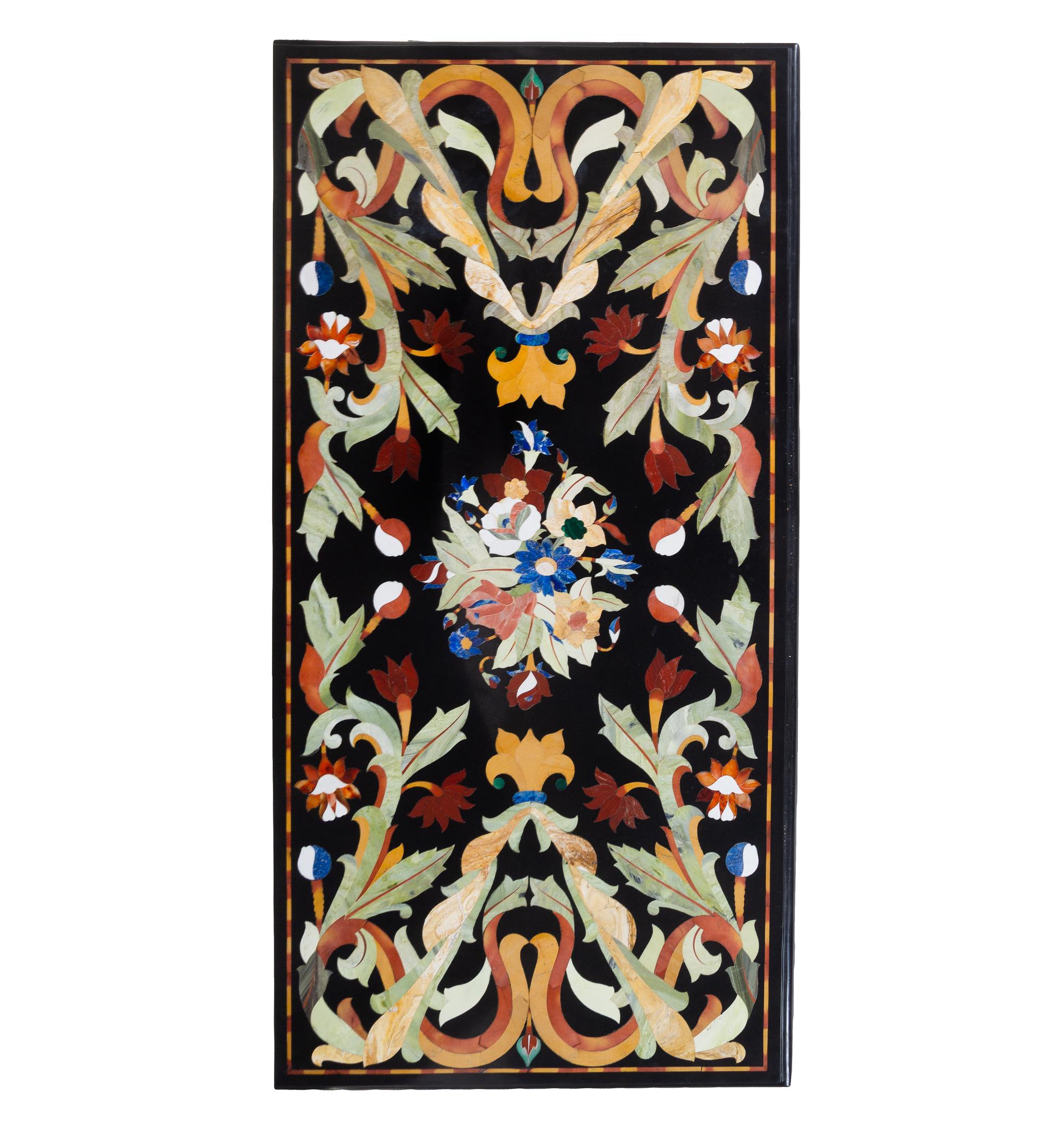 An Indian Pietra Dura Tabletop on an Associated Pair of Renaissance Revival Trestles