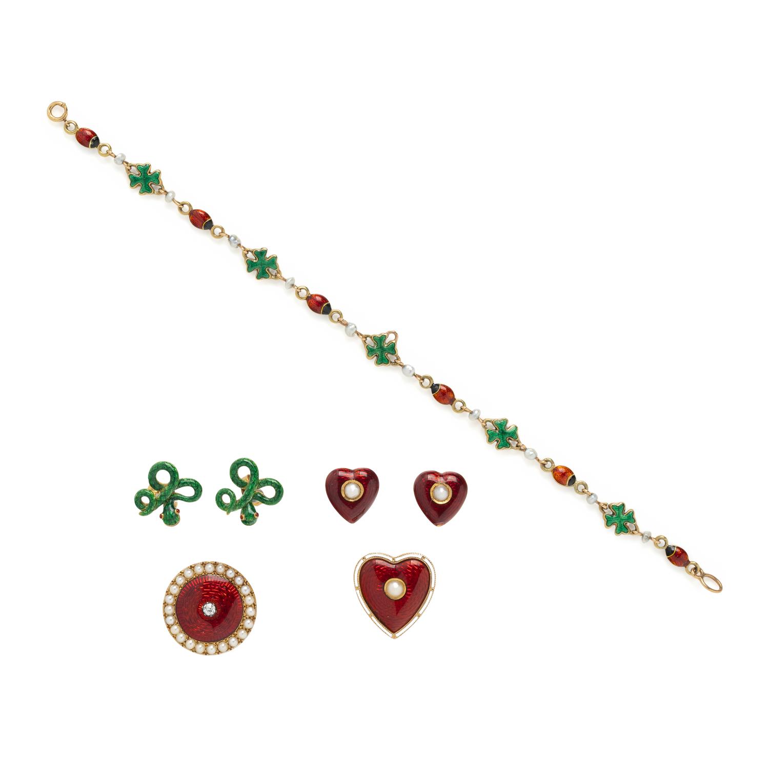 ANTIQUE, COLLECTION OF ENAMEL, SEED PEARL, DIAMOND, AND YELLOW GOLD JEWELRY
