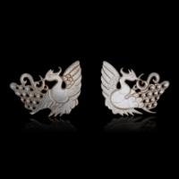A Pair of Chinese Pale Celadon Jade 'Peacock' Hat Ornaments, Jin Dynasty 金 白玉孔雀珮一對