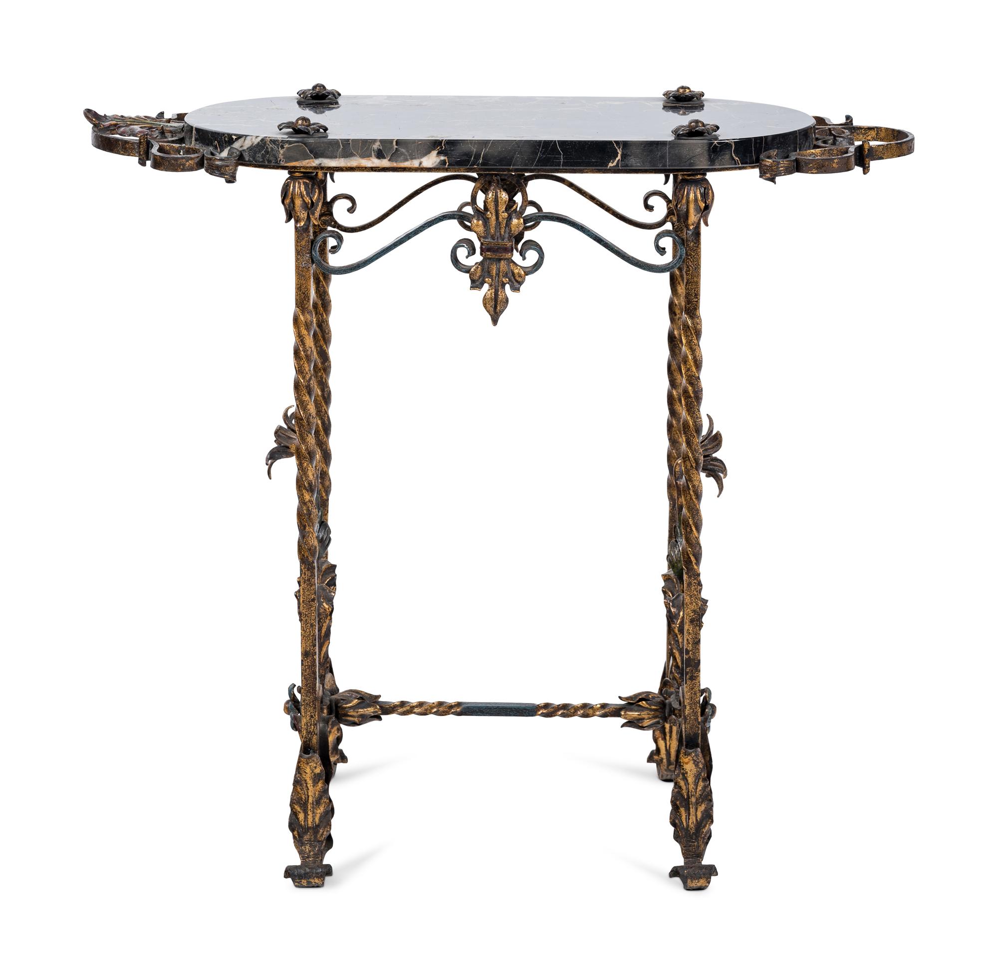A Wrought Iron and Marble-Top Table