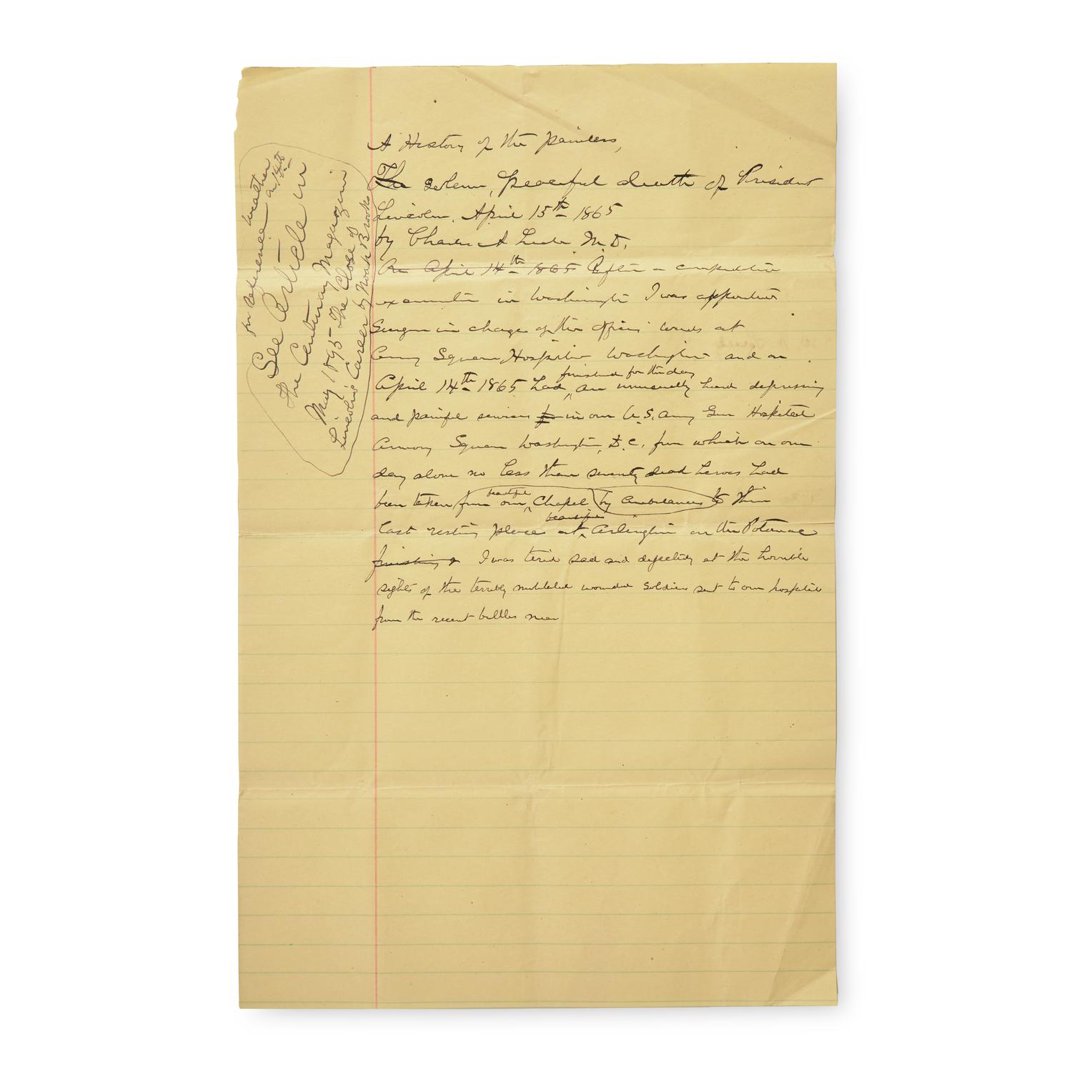 [Presidential] [Lincoln, Abraham] Leale, Charles A. Autograph Document Recounting Lincoln's Assassination