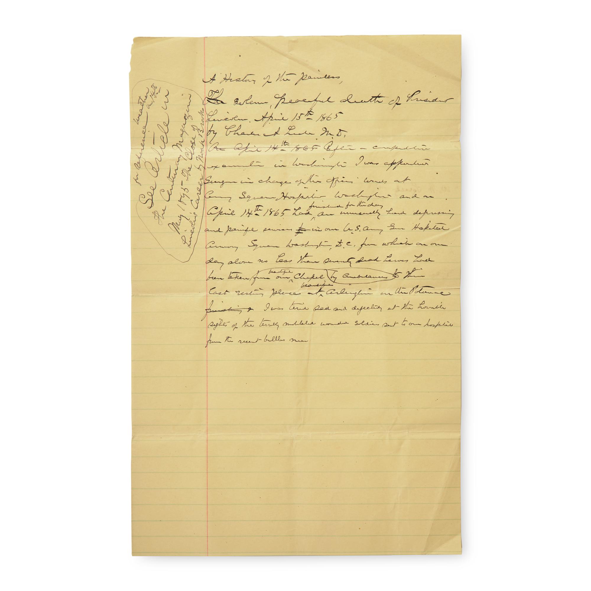 [Presidential] [Lincoln, Abraham] Leale, Charles A. Autograph Document Recounting Lincoln's Assassination