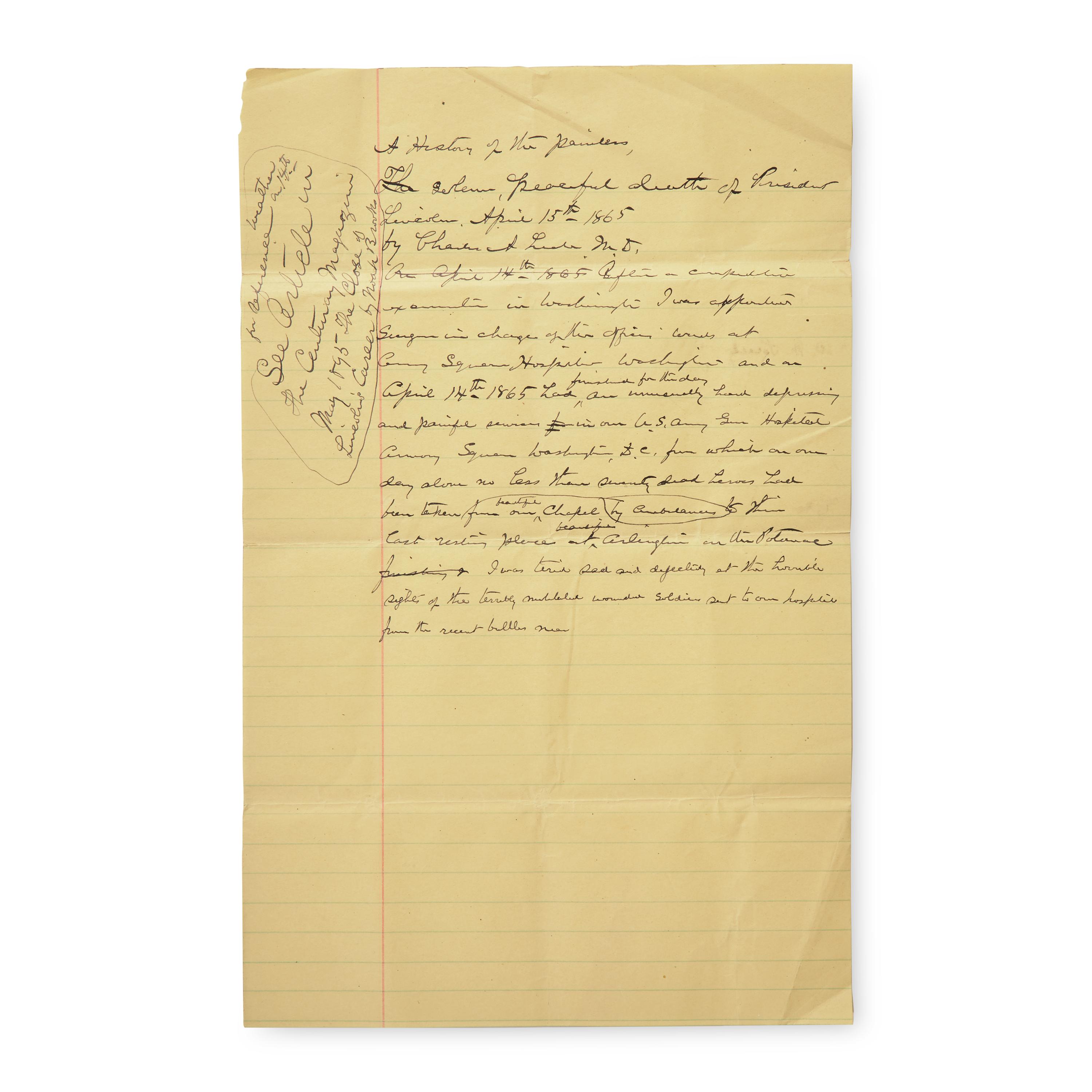 [Presidential] [Lincoln, Abraham] Leale, Charles A. Autograph Document Recounting Lincoln's Assassination