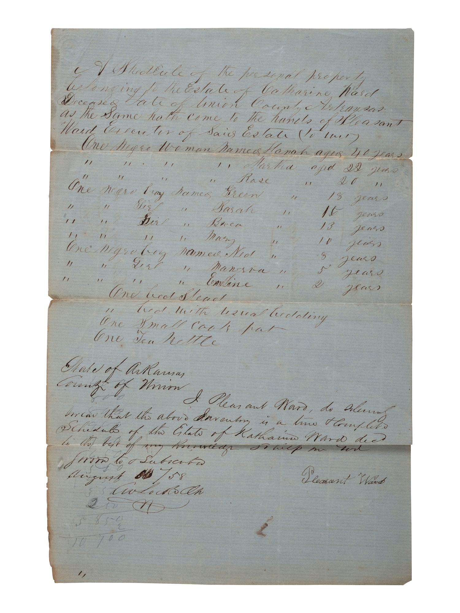 [SLAVERY & ABOLITION]. Two manuscript inventories of the estate of Catherine Ward, each listing 10 enslaved individuals. Union County, AR, 10 August 1858 and 24 January 1859.