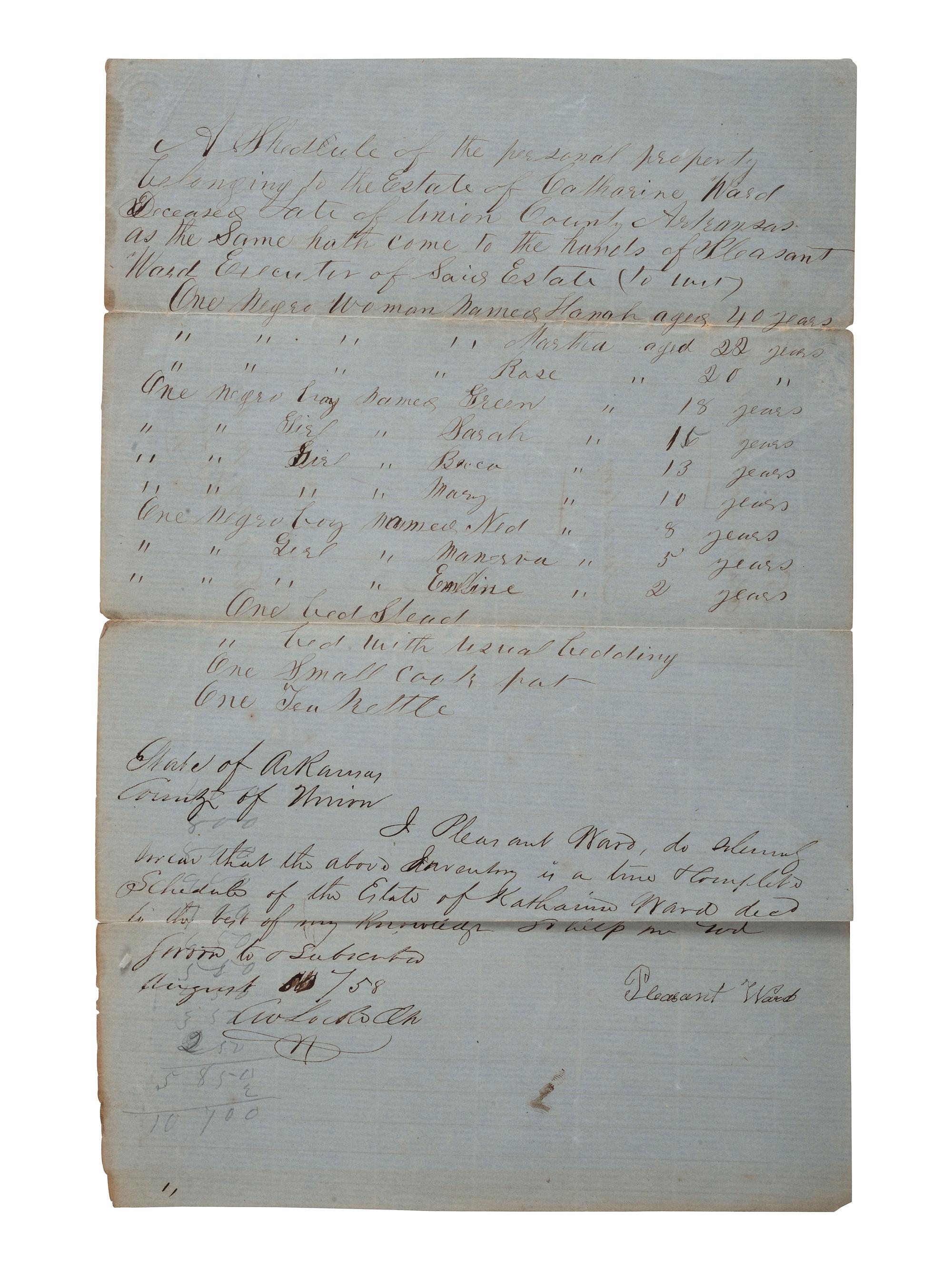 [SLAVERY & ABOLITION]. Two manuscript inventories of the estate of Catherine Ward, each listing 10 enslaved individuals. Union County, AR, 10 August 1858 and 24 January 1859.