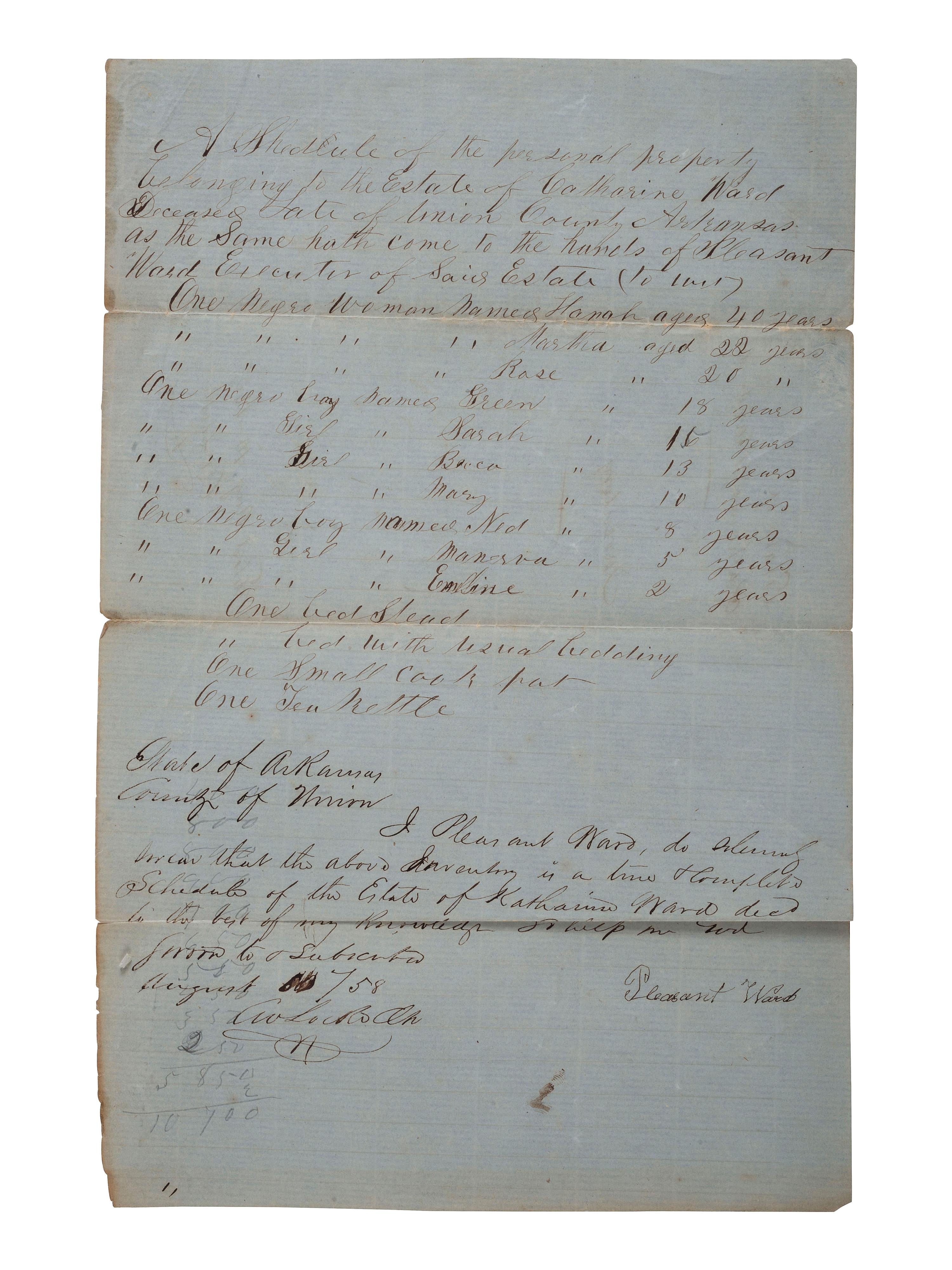 [SLAVERY & ABOLITION]. Two manuscript inventories of the estate of Catherine Ward, each listing 10 enslaved individuals. Union County, AR, 10 August 1858 and 24 January 1859.