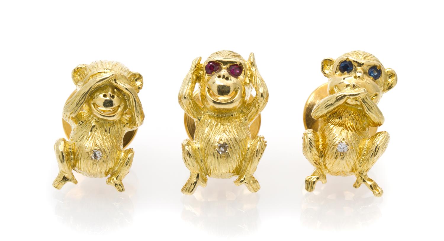 A Set of 18 Karat Yellow Gold and Multi Gem Monkey Pins, 11.30 dwts.