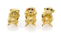A Set of 18 Karat Yellow Gold and Multi Gem Monkey Pins, 11.30 dwts.