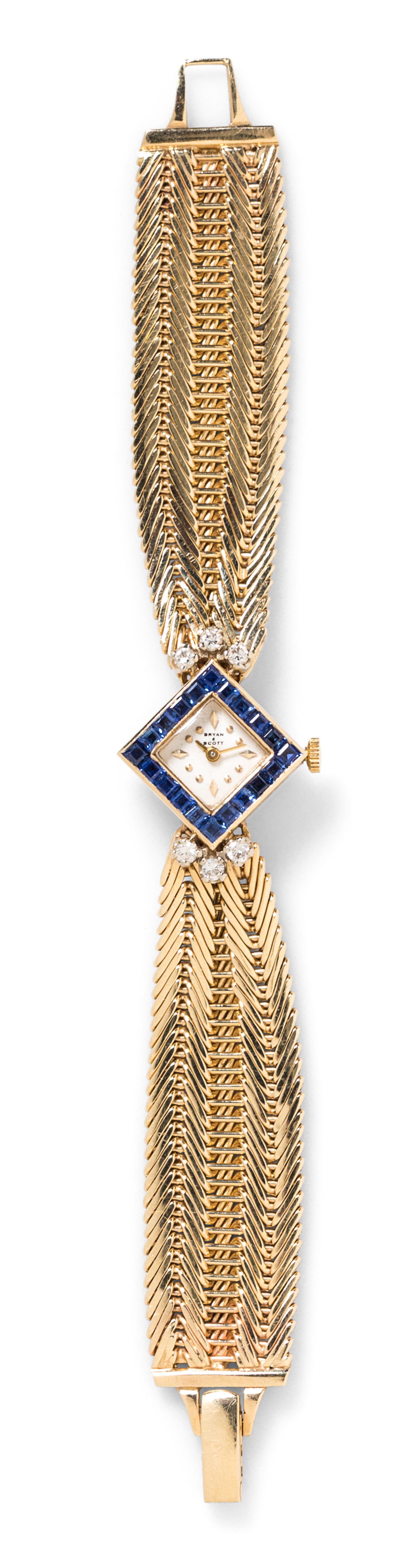 A 14 Karat Yellow Gold, Sapphire and Diamond Watch, Bryan and Scott, 28.50 dwts.