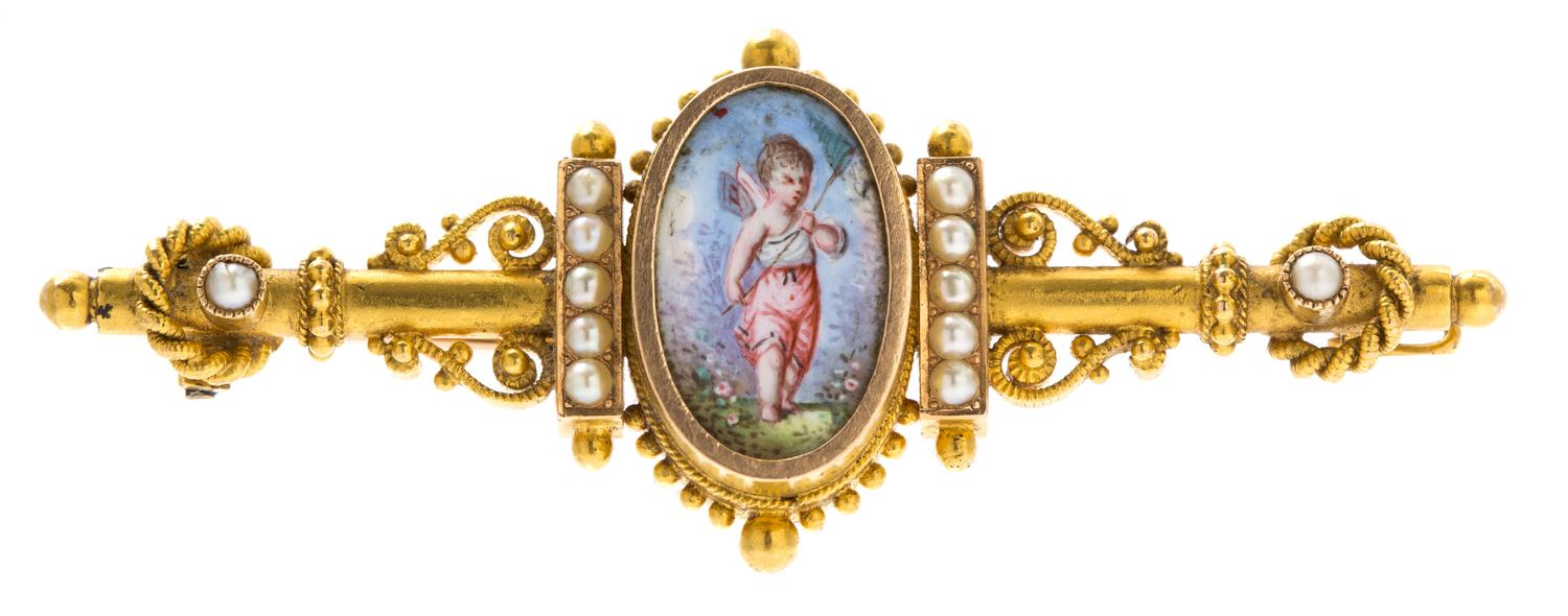 A Victorian Yellow Gold, Seed Pearl and Portrait Miniature Pin, 4.80 dwts.
