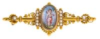 A Victorian Yellow Gold, Seed Pearl and Portrait Miniature Pin, 4.80 dwts.