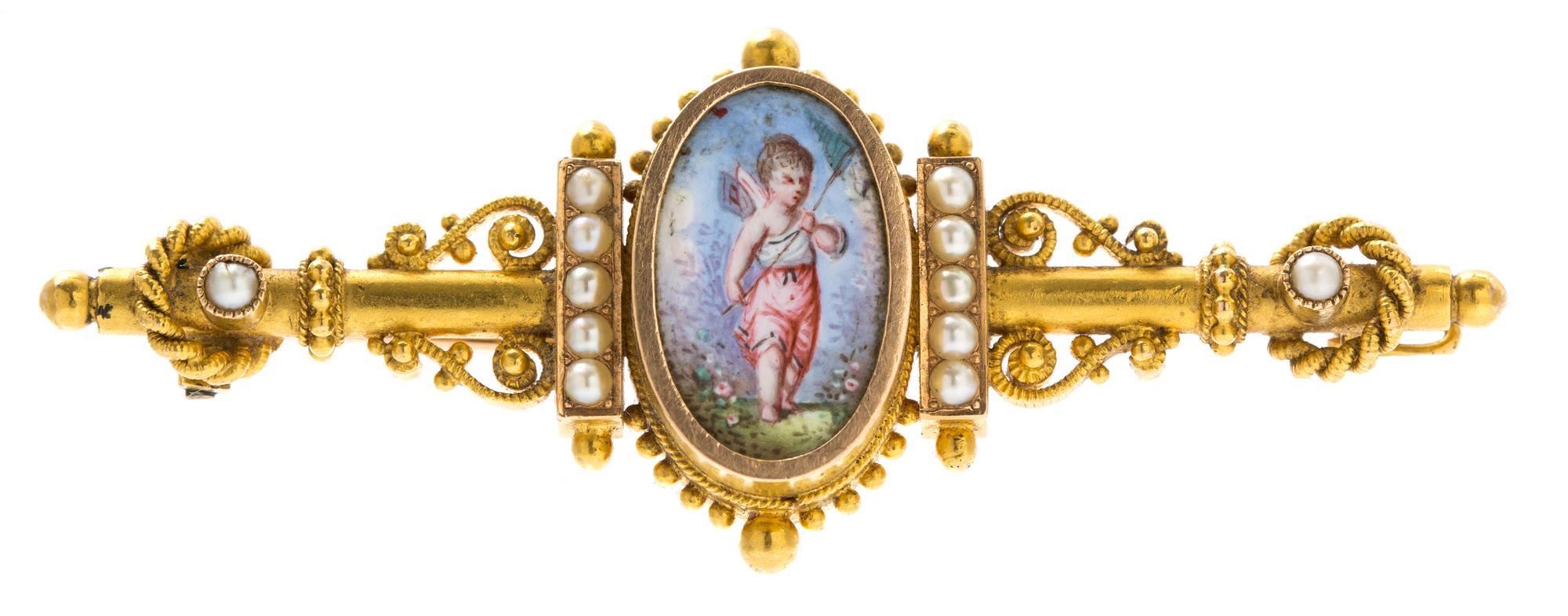 A Victorian Yellow Gold, Seed Pearl and Portrait Miniature Pin, 4.80 dwts.